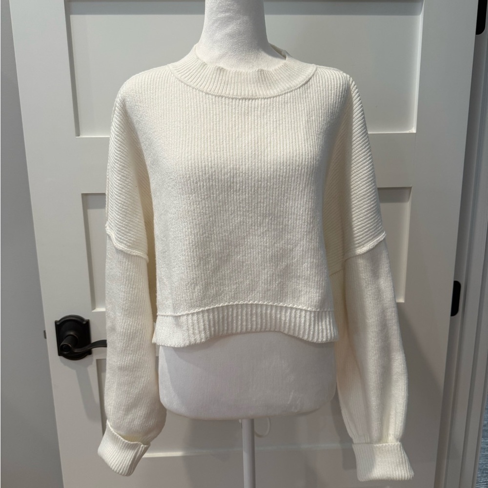 Free People Cream Cropped Crew Neck Sweater
